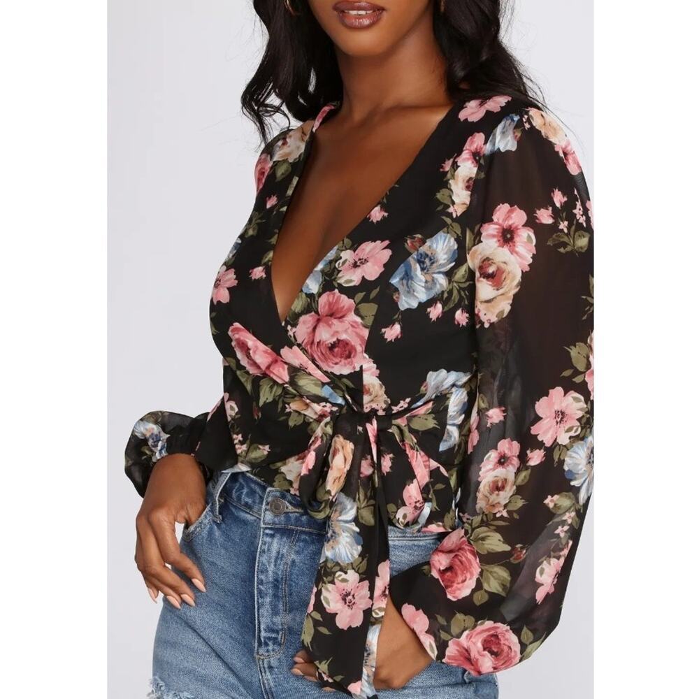Women's Black Dark Floral Wrap Blouse Top S Cropped‎ Chiffon Date Party Festival